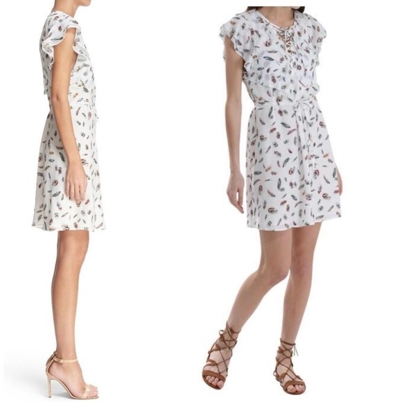 The Kooples Silk Flounce Ruffle Sleeve Feather Mini Dress - Picture 3 of 13